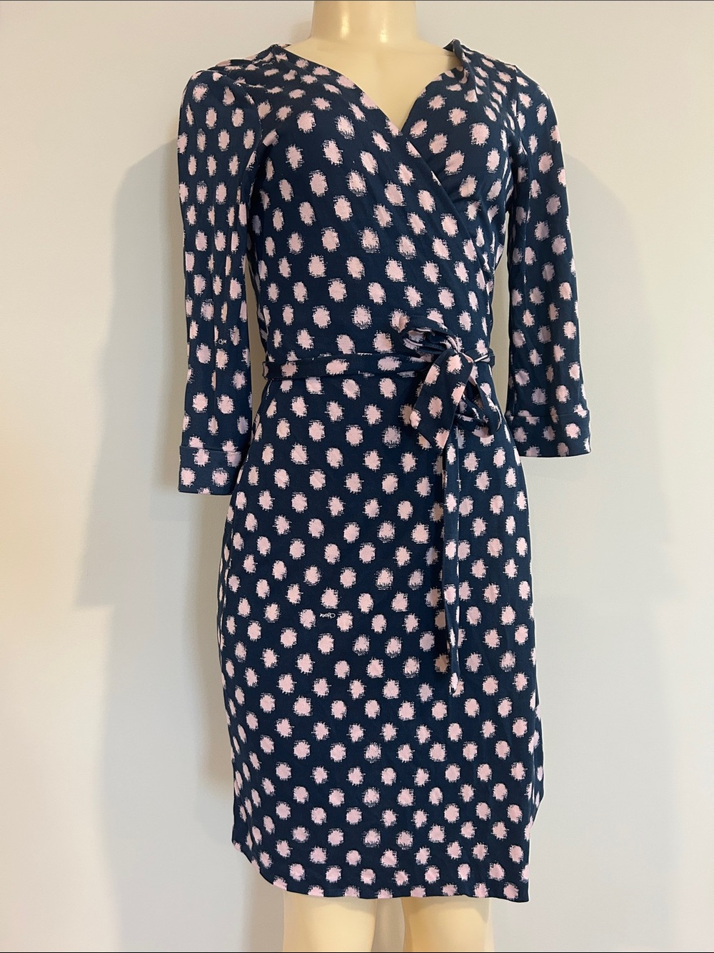 Diane Von Furstenberg Navy Wrap Dress with Pink Dot Print